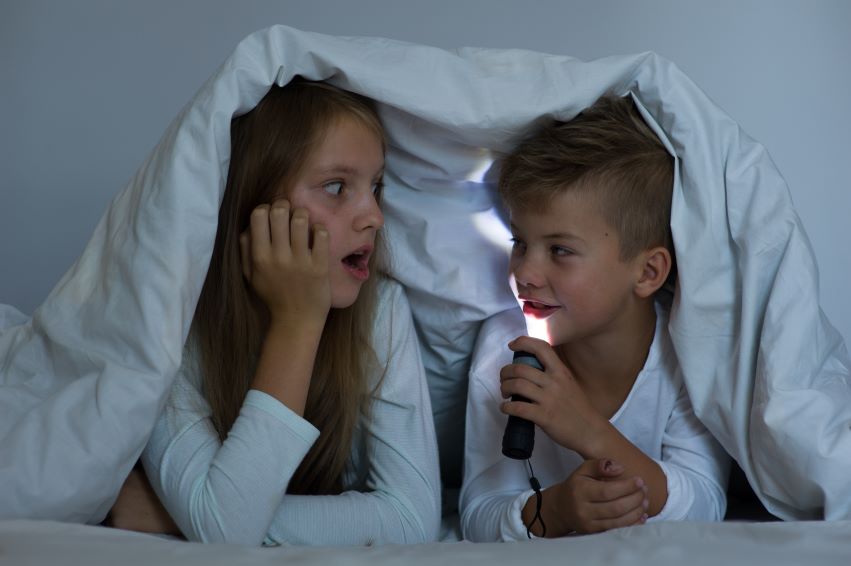 Two kids telling scary stories with a flashlight under a blanket.